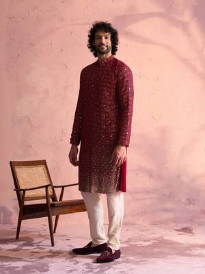 Maroon And Cream Georgette Kurta Pyjama Set 2