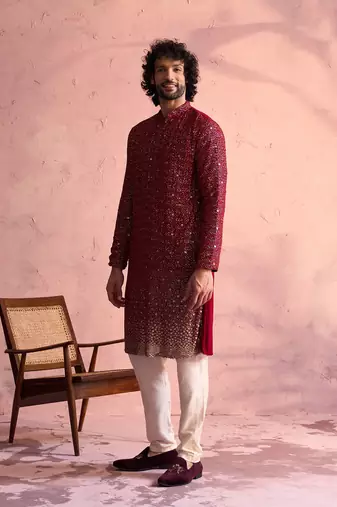 Maroon And Cream Georgette Kurta Pyjama Set