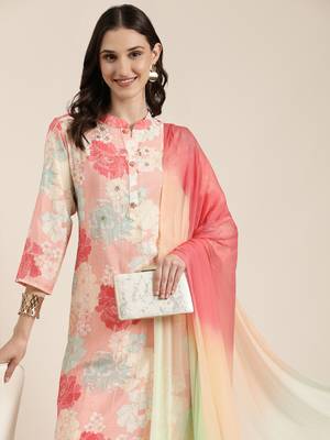 women's mandarin collar floral peach straight kurta and trouser with dupatta 1