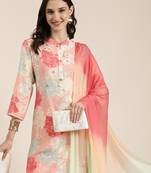 women's mandarin collar floral peach straight kurta and trouser with dupatta