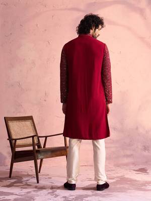 Maroon And Cream Georgette Kurta Pyjama Set 3