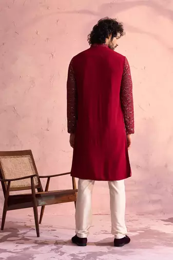 Maroon And Cream Georgette Kurta Pyjama Set