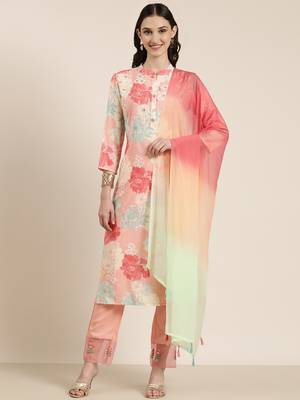 women's mandarin collar floral peach straight kurta and trouser with dupatta 2