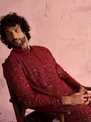 Maroon And Cream Georgette Kurta Pyjama Set 4