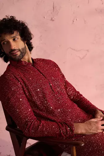 Maroon And Cream Georgette Kurta Pyjama Set