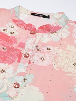 women's mandarin collar floral peach straight kurta and trouser with dupatta 3
