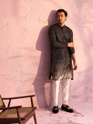 Black And Cream Georgette Kurta Pyjama Set 1