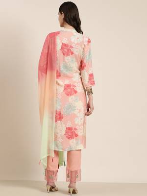 women's mandarin collar floral peach straight kurta and trouser with dupatta 4