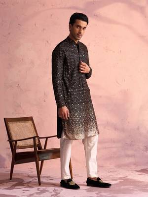 Black And Cream Georgette Kurta Pyjama Set 2