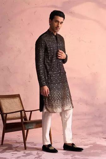 Black And Cream Georgette Kurta Pyjama Set