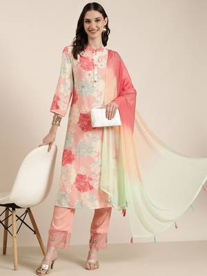 women's mandarin collar floral peach straight kurta and trouser with dupatta 5