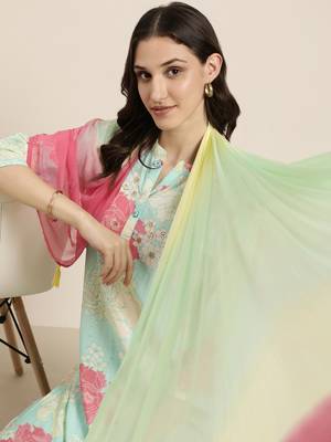 women's mandarin collar floral sea green straight kurta and trouser with dupatta 1