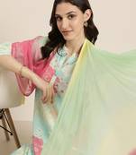 women's mandarin collar floral sea green straight kurta and trouser with dupatta