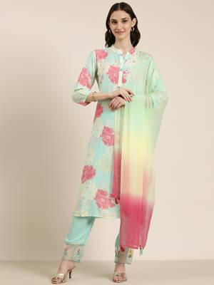 women's mandarin collar floral sea green straight kurta and trouser with dupatta 2