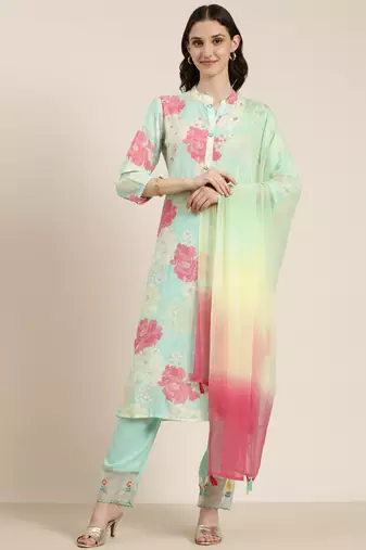 women's mandarin collar floral sea green straight kurta and trouser with dupatta