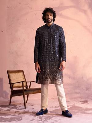Navy Blue And Cream Georgette Kurta Pyjama Set 1