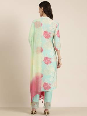 women's mandarin collar floral sea green straight kurta and trouser with dupatta 4