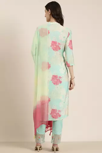 women's mandarin collar floral sea green straight kurta and trouser with dupatta