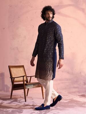 Navy Blue And Cream Georgette Kurta Pyjama Set 2