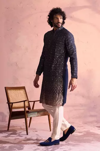 Navy Blue And Cream Georgette Kurta Pyjama Set