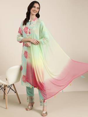 women's mandarin collar floral sea green straight kurta and trouser with dupatta 5