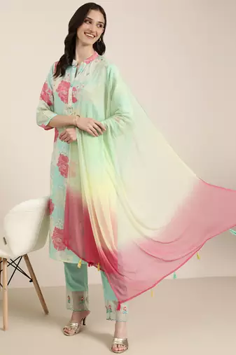 women's mandarin collar floral sea green straight kurta and trouser with dupatta