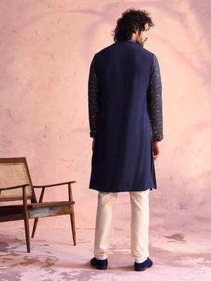 Navy Blue And Cream Georgette Kurta Pyjama Set 3