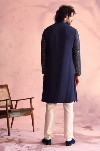 Navy Blue And Cream Georgette Kurta Pyjama Set