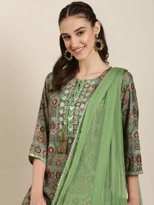 women's tie-up neck floral foil print green straight kurta and trouser with dupatta 1