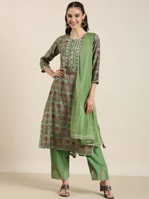 women's tie-up neck floral foil print green straight kurta and trouser with dupatta 2