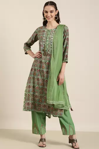 women's tie-up neck floral foil print green straight kurta and trouser with dupatta