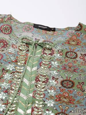 women's tie-up neck floral foil print green straight kurta and trouser with dupatta 3
