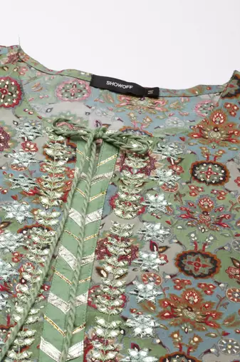 women's tie-up neck floral foil print green straight kurta and trouser with dupatta
