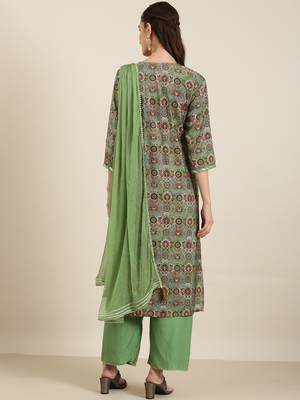 women's tie-up neck floral foil print green straight kurta and trouser with dupatta 4