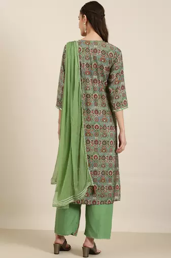 women's tie-up neck floral foil print green straight kurta and trouser with dupatta
