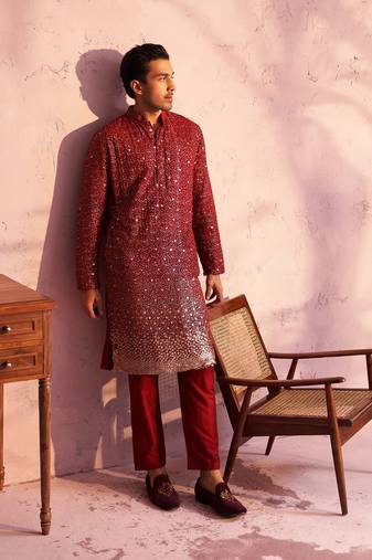 Men'S Maroon Georgette Kurta Pyjama Set