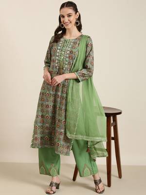 women's tie-up neck floral foil print green straight kurta and trouser with dupatta 5