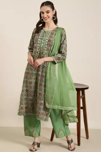 women's tie-up neck floral foil print green straight kurta and trouser with dupatta