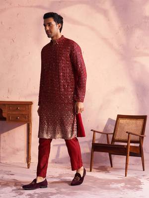 Maroon Georgette Kurta Pyjama Set 2