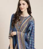 women's round neck floral blue straight kurti and sharara with dupatta