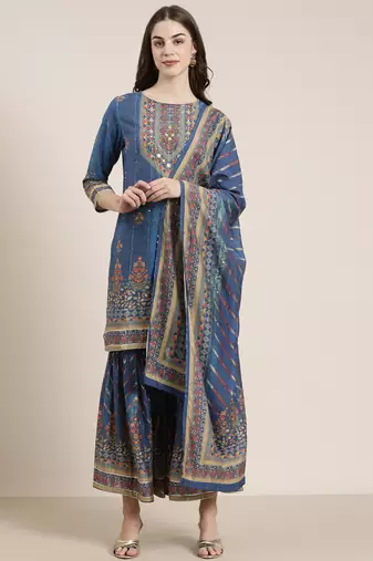 women's round neck floral blue straight kurti and sharara with dupatta
