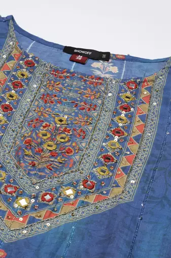 women's round neck floral blue straight kurti and sharara with dupatta