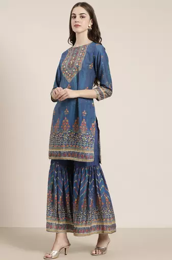 women's round neck floral blue straight kurti and sharara with dupatta