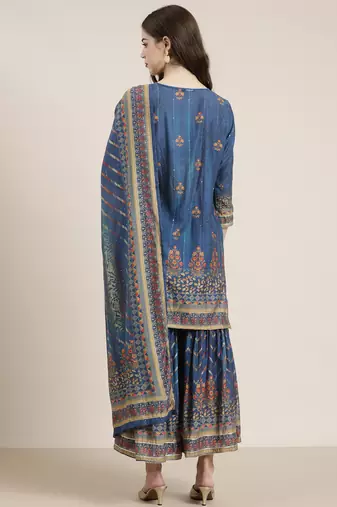 women's round neck floral blue straight kurti and sharara with dupatta
