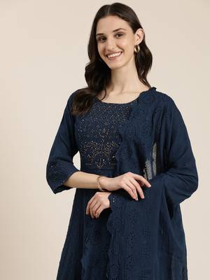 Showoff women's round neck solid navy blue anarkali kurta and palazzos with dupatta 1