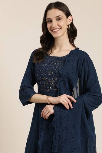 Showoff women's round neck solid navy blue anarkali kurta and palazzos with dupatta