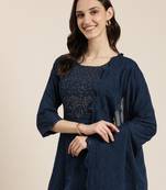 Showoff women's round neck solid navy blue anarkali kurta and palazzos with dupatta