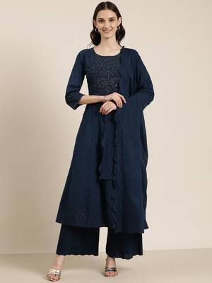 Showoff women's round neck solid navy blue anarkali kurta and palazzos with dupatta 2