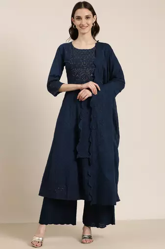 Showoff women's round neck solid navy blue anarkali kurta and palazzos with dupatta