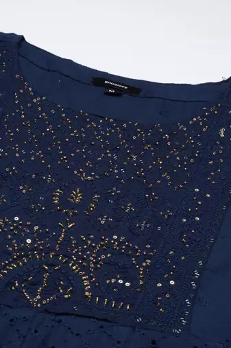 Showoff women's round neck solid navy blue anarkali kurta and palazzos with dupatta